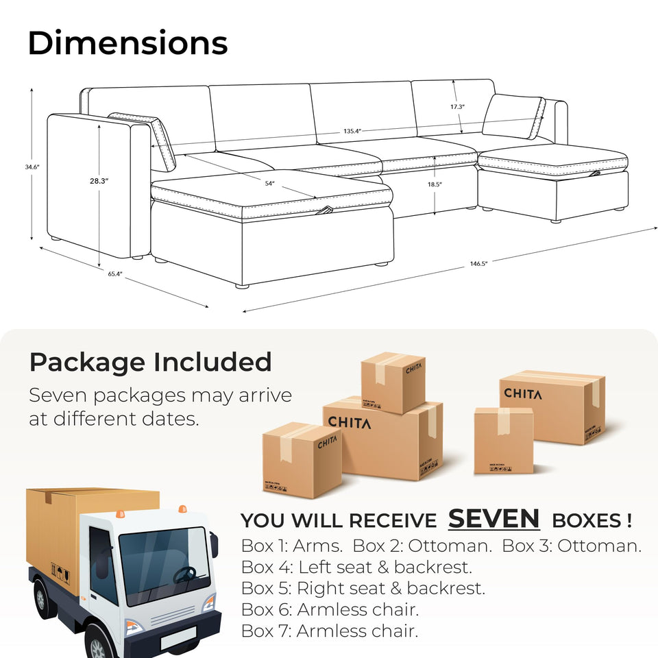 CHITA Oversized Modular Sectional Sofa, FSC Certified L Shaped Sectional Couches for Living Room, 112 inch Width,4 Seat Modular Sofa with Storage Ottoman, Linen