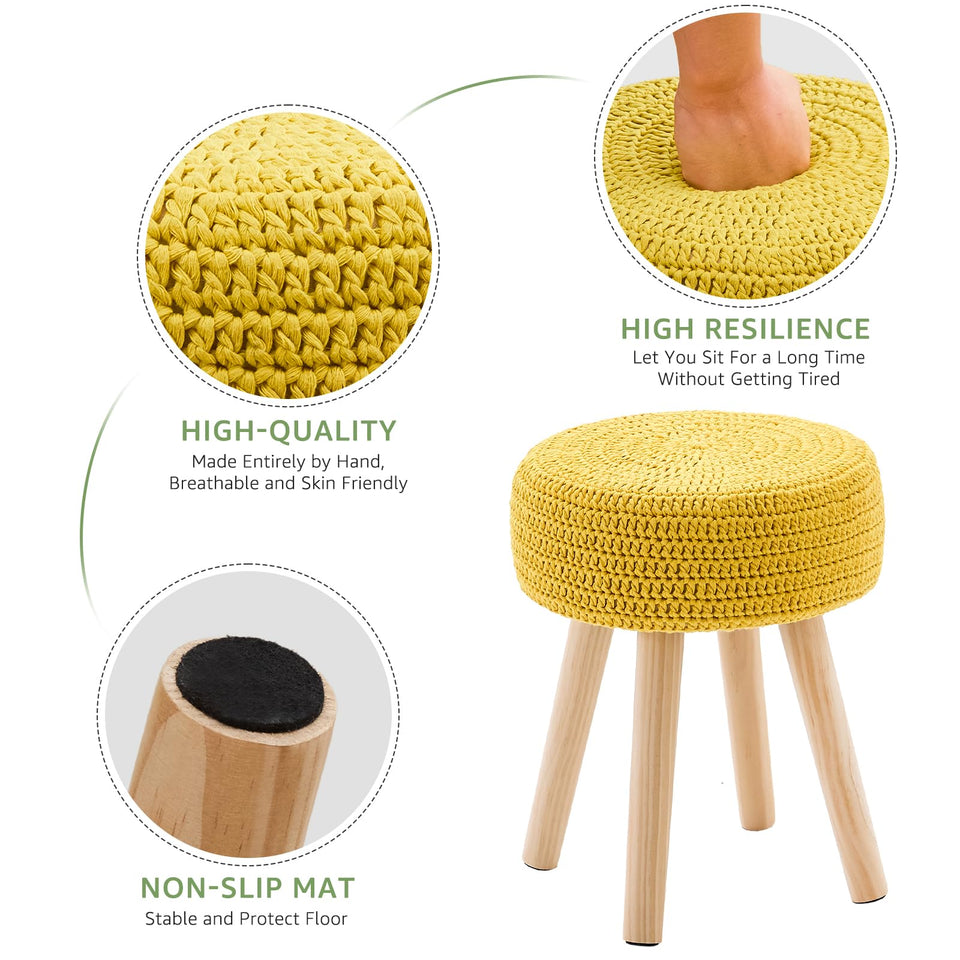 Wimarsbon Pouf Ottoman, 100% Cotton Knitted Boho Footstool, Round Footrest with Non-Skid Wood Legs, Home Décor Handmade Pouffe, Leisure Floor Step Stool for Living Room (Beige)