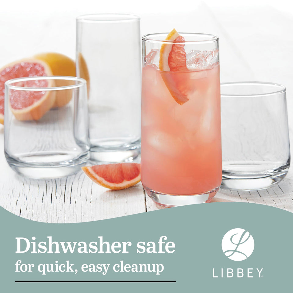 Libbey Ascent Tumbler and Rocks Drinking Glasses Set of 16, Glass Drinking Glasses with Curvature, Versatile Glassware Set for Parties and More