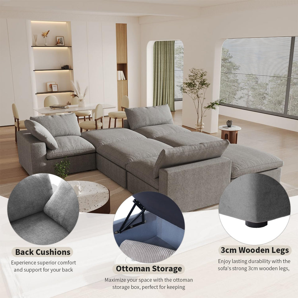 160.6" Cloud Couch Modular Sectional Sofa for Livingroom,Oversized Convertible Sofa with Storage Ottomans,6 Seat Wide Couches,Cushion Covers Removable (Khaki, 6 Seater)