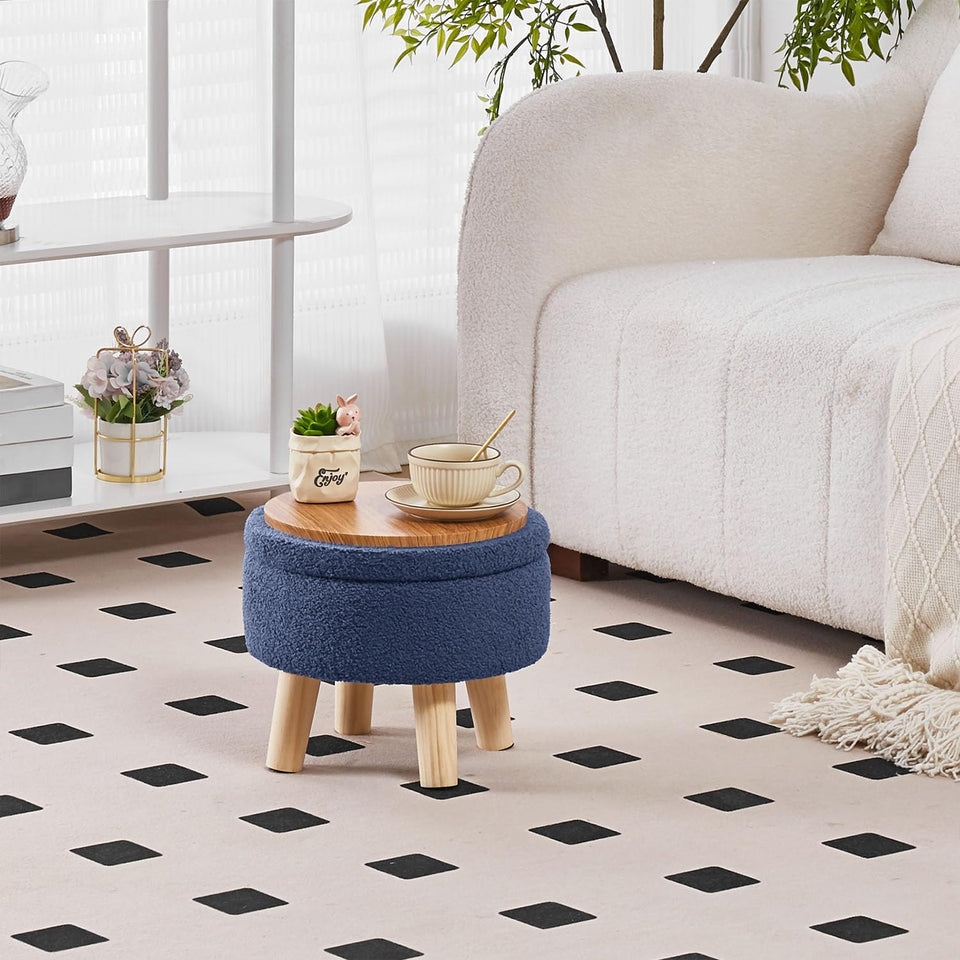 Wimarsbon Storage Ottoman, Modern Round Footrest with Soft Padded Seat, Teddy Velvet Footstool with Wood Legs, Accent Small Table or Plant Stand for Hallway, Living Room (Cream)