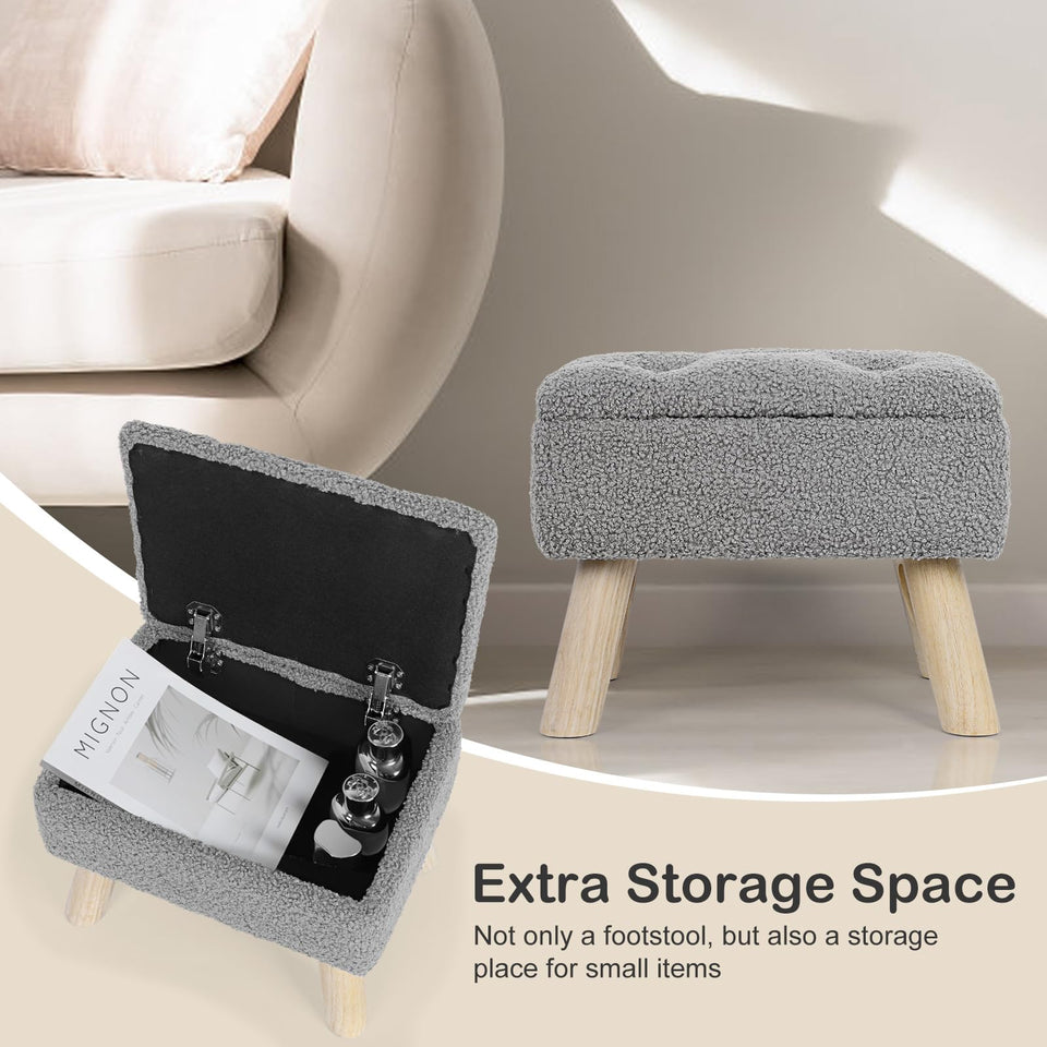 OGEMXU Storage Ottoman, Small Foot Stool Ottoman with Storage, Boucle Teddy Velvet Foot Rest with Padded Seat, Sturdy Wood Legs Stool for Living Room, Bedroom, Couch, Enterway (Cream)