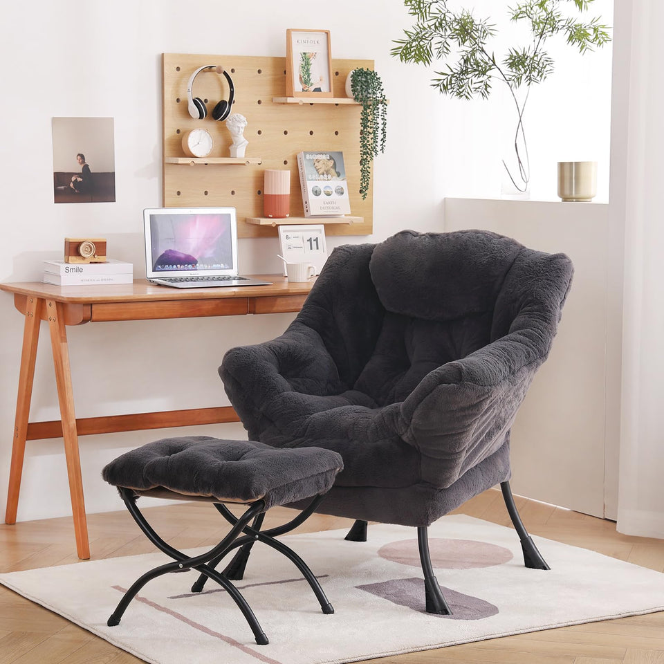 Welnow Lazy Chair with Ottoman, Modern Lounge Accent Chair with Armrests and a Side Pocket, Leisure Sofa Armchair, Reading Armchair with Footrest for Small Space, Dark Grey