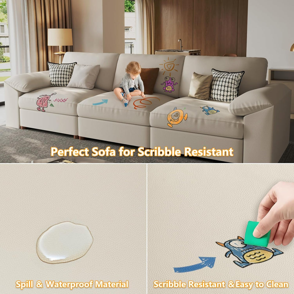 EASE MOOSE Leather Sectional Couch, Oversized Modular Sectional Sofas, Wide Deep Seat Modular Couch, Scratch Resistant Faux Leather Material, L Shaped Sofa for Big Spaces,Beige