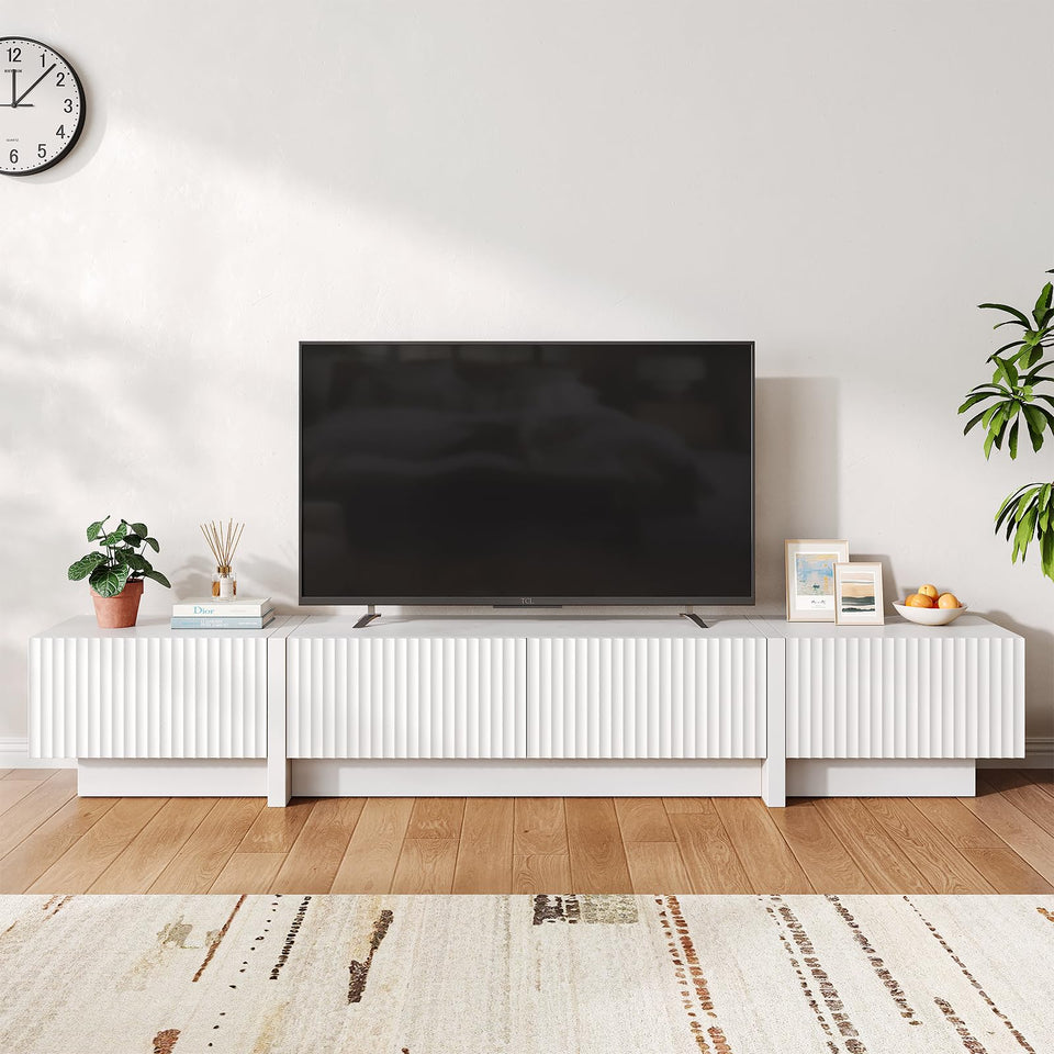 UKAOCAI 86.61'' Tambour TV Stand for 55-85 Inch, Modern Entertainment Center with Large Storage Cabinet & Open Shelves, TV Console with Sliding Doors for Living Room, Bedroom, Natural