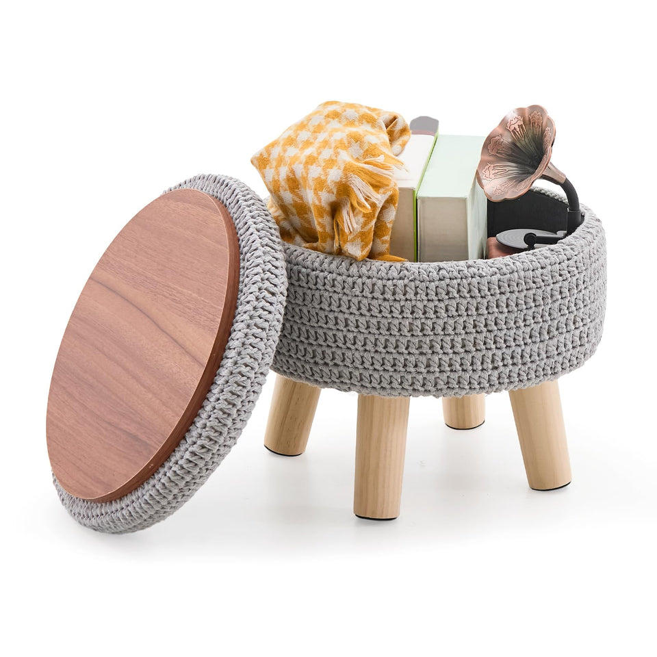 Wimarsbon Pouf Ottoman, 100% Cotton Knitted Boho Footstool, Round Footrest with Non-Skid Wood Legs, Home Décor Handmade Pouffe, Leisure Floor Step Stool for Living Room (Beige)
