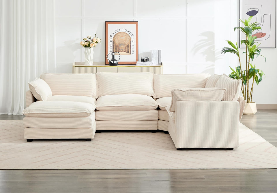 ROWHY 150'' Modular Sectional Sofa Cloud Couch, Corner Sofa Big Comfy Corduroy Oversized L Shaped Couch with 4 Pillows, Chaise, Ottoman, Deep Seat Couches for Living Room Office, Dark Grey