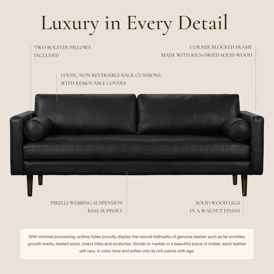 POLY & BARK Napa 72" Apartment Sofa – Italian-Tanned Full-Grain Pure-Aniline or Semi-Aniline Leather, Feather-Down Cushioning, Kiln-Dried Solid Wood Frame, Walnut Legs - Cognac Tan