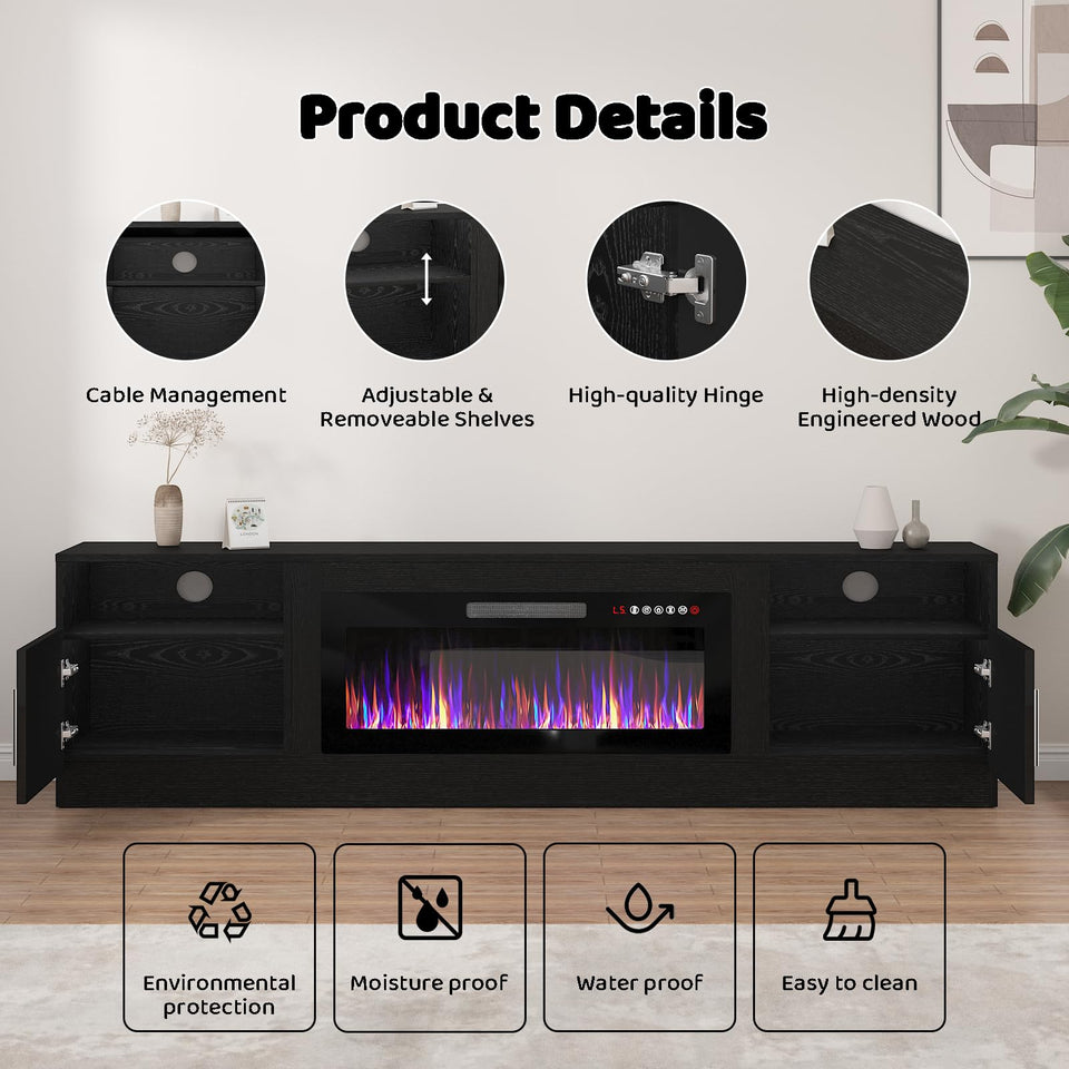 Lemberi Fireplace tv Stand with 36 inch Fireplace Up to 90" TVs, LED Light Entertainment Center and Storage, 80" Modern Wood Media TV Console with Highlight Cabinet for Living Room (White)