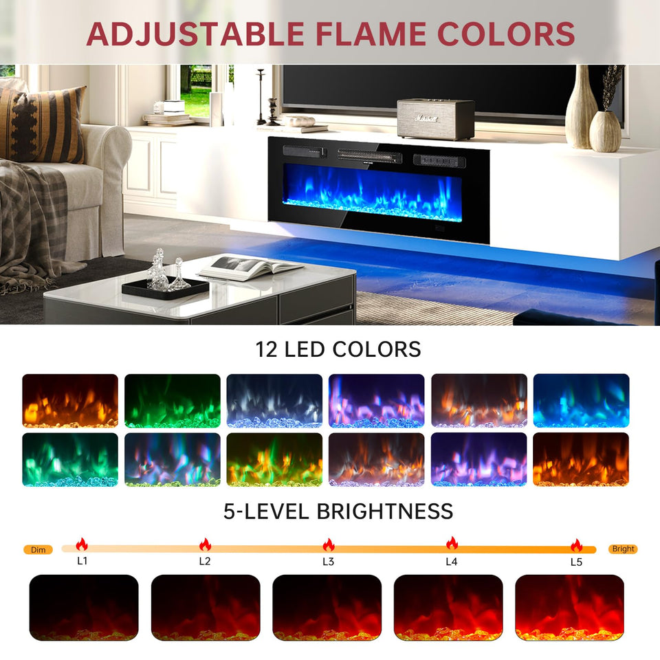 oneinmil 70" Floating TV Stand with 36" Electric Fireplace, Wall Mounted Fireplace Entertainment Center with Storage, Fire Place TV Console for Living Room, All Black