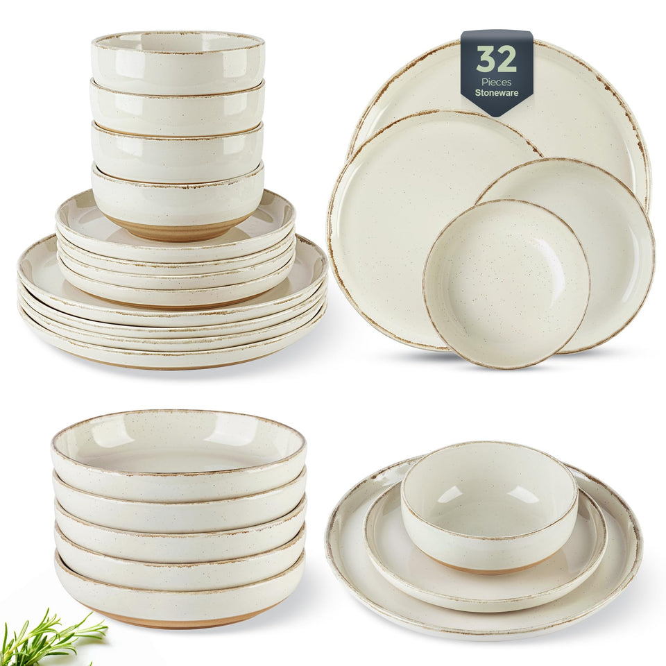 AmorArc Ceramic Dinnerware Sets for 8, 24 Pieces Handpainted Plates and Bowls Set with Rustic Terracotta Underside, Scratch Resistant Stoneware Dishes Set, Dishwasher & Microwave Safe, Light Beige