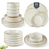 AmorArc Ceramic Dinnerware Sets for 8, 24 Pieces Handpainted Plates and Bowls Set with Rustic Terracotta Underside, Scratch Resistant Stoneware Dishes Set, Dishwasher & Microwave Safe, Light Beige