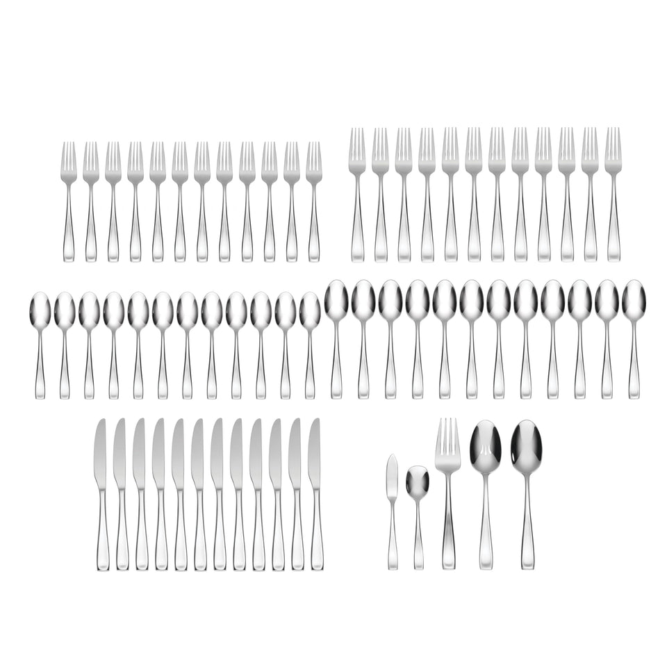 Oneida Silverware Set For 12, Moda 65-Piece Fine Flatware Set with Serving Utensils, Service For 12, 18/10 Stainless Steel, Dishwasher Safe For home, Knives Spoons and Forks Set (Silver, 65 pieces)