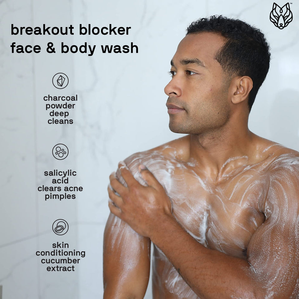 Black Wolf Salicylic Acid Body Wash for Men, 1 Liter - Men's Acne Body Wash - Charcoal Helps Reduce Acne Breakouts & Cleanse Your Skin - Full Coverage & Deep Clean Treatment - Men's Bodywash