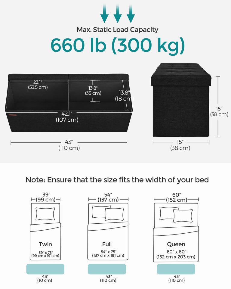 SONGMICS MAZIE Collection - 43 Inches Folding Storage Ottoman Bench, Ottoman Foot Rest, End of Bed Bench, Storage Chest, Load 660 lb, for Living Room, Bedroom, Entryway, Dark Gray ULSF77K