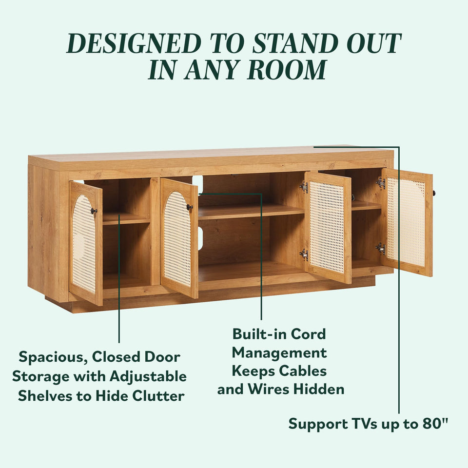 Walker Edison Sasha 4-Door Reeded Sideboard Buffet with Cord Management, 70 Inch, Coastal Oak