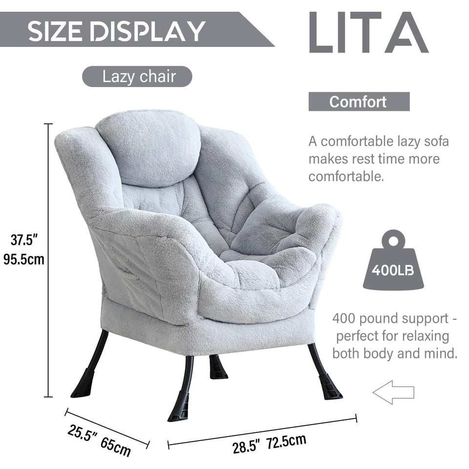LITA Lazy Chair with Ottoman, Modern Accent Leisure Upholstered Lazy Sofa Armchair, Contemporary Lounge Reading Chair with Armrests and a Side Pocket for Living Room, Bedroom & Small Space, Dark Grey