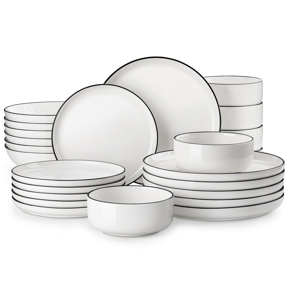 MALACASA Plates and Bowls Sets, 24 Pieces Modern Porcelain Dinnerware Set for 6 Ceramic Dishware Dishes White Kitchen Dinner Dining Ware Set wtih Black Rim Microwave and Dishwasher Safe, Series LUNA