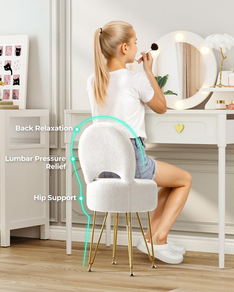 GREENSTELL Small Vanity Stool Chair with Storage and Folding Back, 13" x 13" x 17.7" Faux Fur Soft Ottoman for Teenager, 4 Metal Legs with Anti-Slip Feet, Furry Padded Seat for Makeup, Bedroom, White