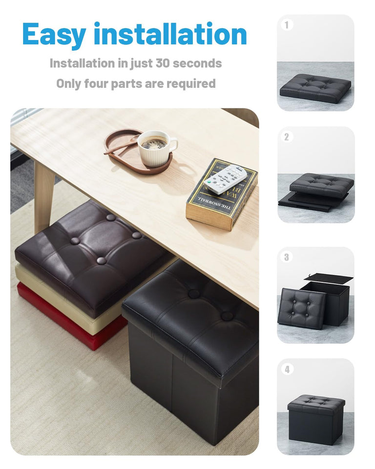 AmasSmile Storage Ottoman Folding Foot Rest Stool, Leather Footstool Bench, Short Ottoman Stool, Storage Foot Rest Store, Books (Black, 17" D x 13" W x 13" H)