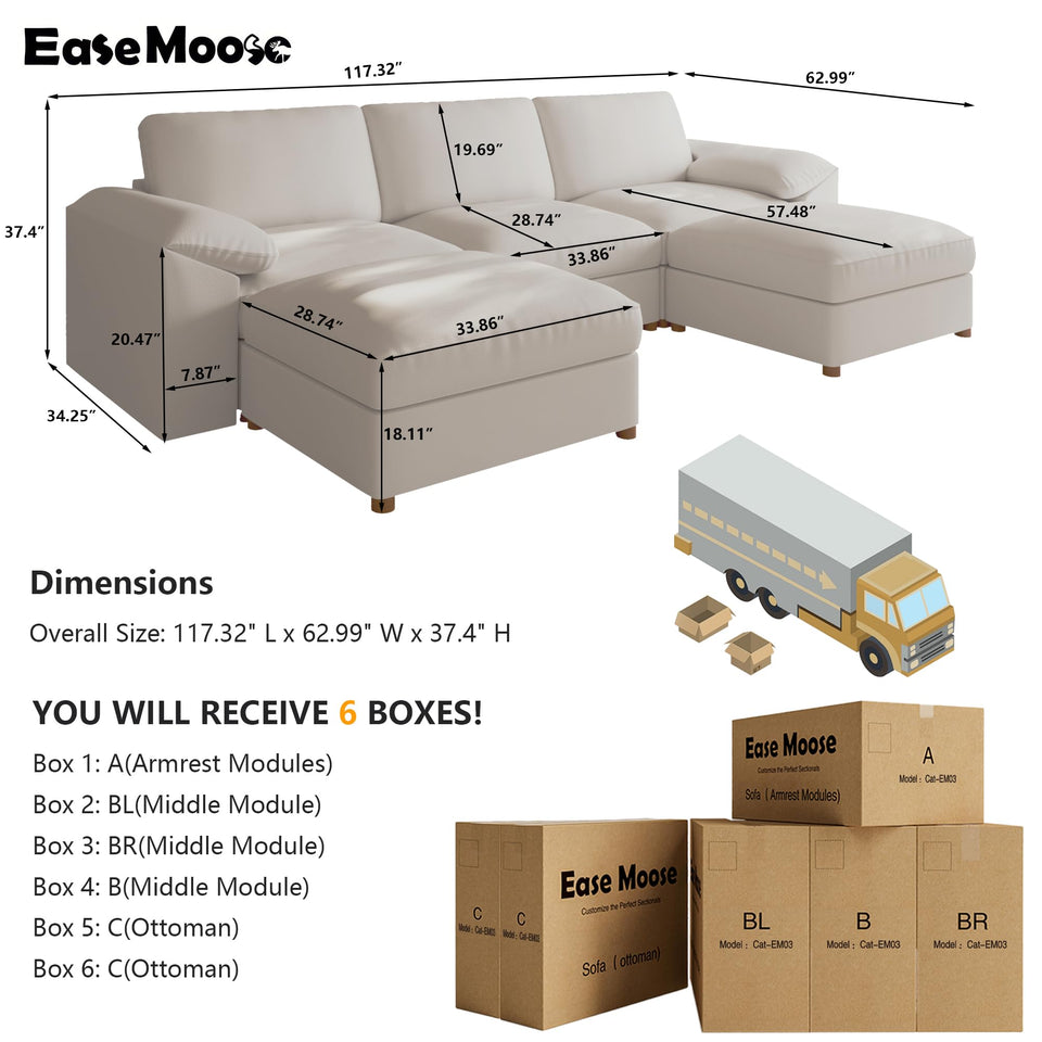 EASE MOOSE Leather Sectional Couch, Oversized Modular Sectional Sofas, Wide Deep Seat Modular Couch, Scratch Resistant Faux Leather Material, L Shaped Sofa for Big Spaces,Beige