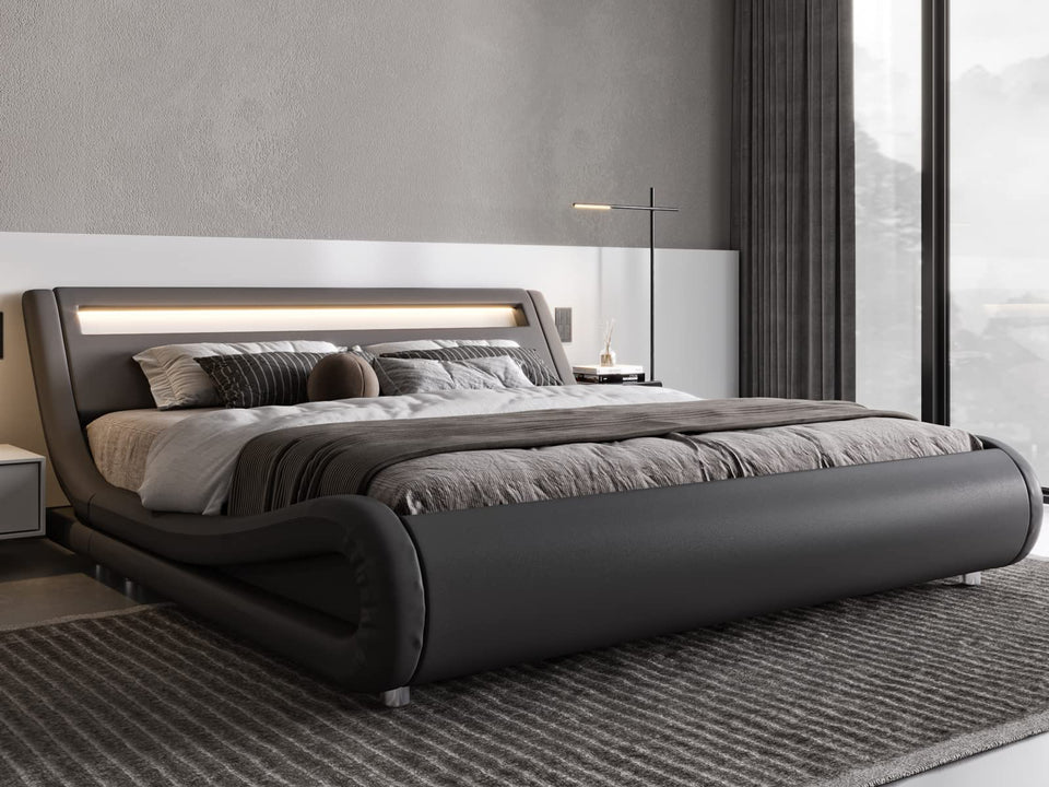 Allewie Queen Size LED Platform Bed Frame with Adjustable Headboard/No Box Spring Need/Easy Assembly/Faux Leather in Black