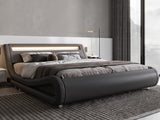 Allewie Queen Size LED Platform Bed Frame with Adjustable Headboard/No Box Spring Need/Easy Assembly/Faux Leather in Black