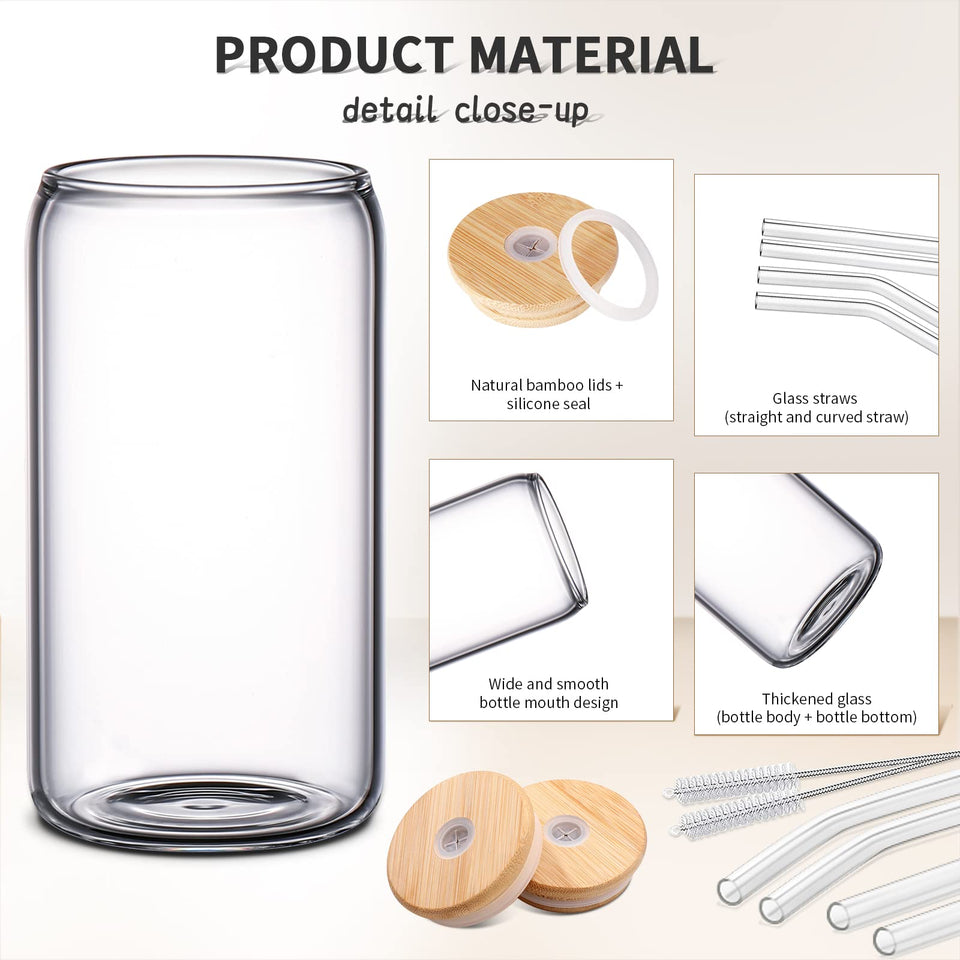 DWTS DANWEITESI Glass Cups with Lids and Straws 4 pcs,16oz Drinking Glasses Set for Coffee Bar Accessories,Iced Coffee Cups with Lids,Matcha Cup Glass Tumbler Reusable for Gifts