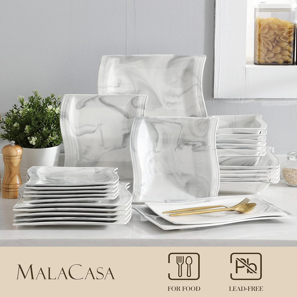 MALACASA Ivory White Dinnerware Sets, 30-Piece Porcelain Plates and Bowls Sets, Modern Dish Set for 6, Square Plates Dinnerware Set Kitchen Dishware Sets, Microwave and Dishwasher Safe, Series Flora