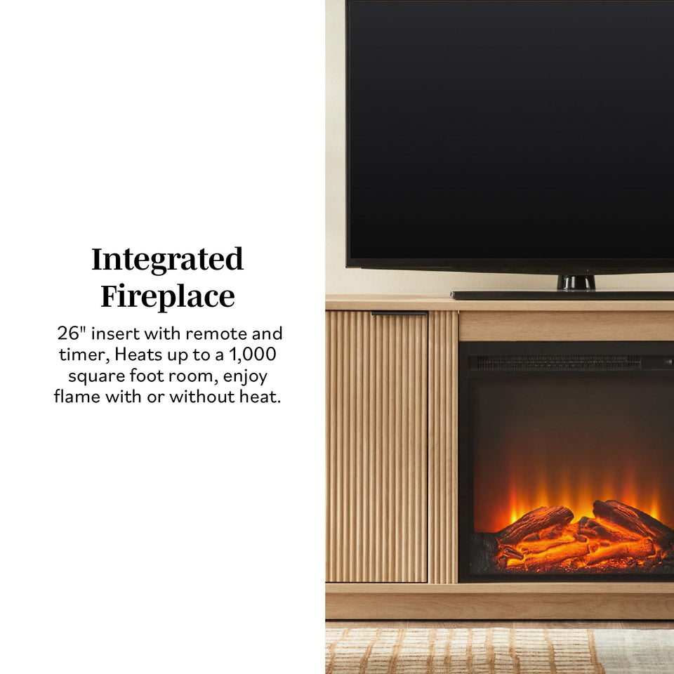 Walker Edison Chloe Reeded TV Stand with Fireplace Insert, 75 Inch, 70 Inch, Coastal Oak