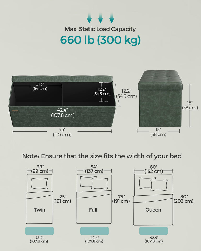 SONGMICS MAZIE Collection - 43 Inches Folding Storage Ottoman Bench, Ottoman with Storage, Foot Rest Stool, Load 660 lb, for Living Room, Synthetic Leather, Black ULSF701