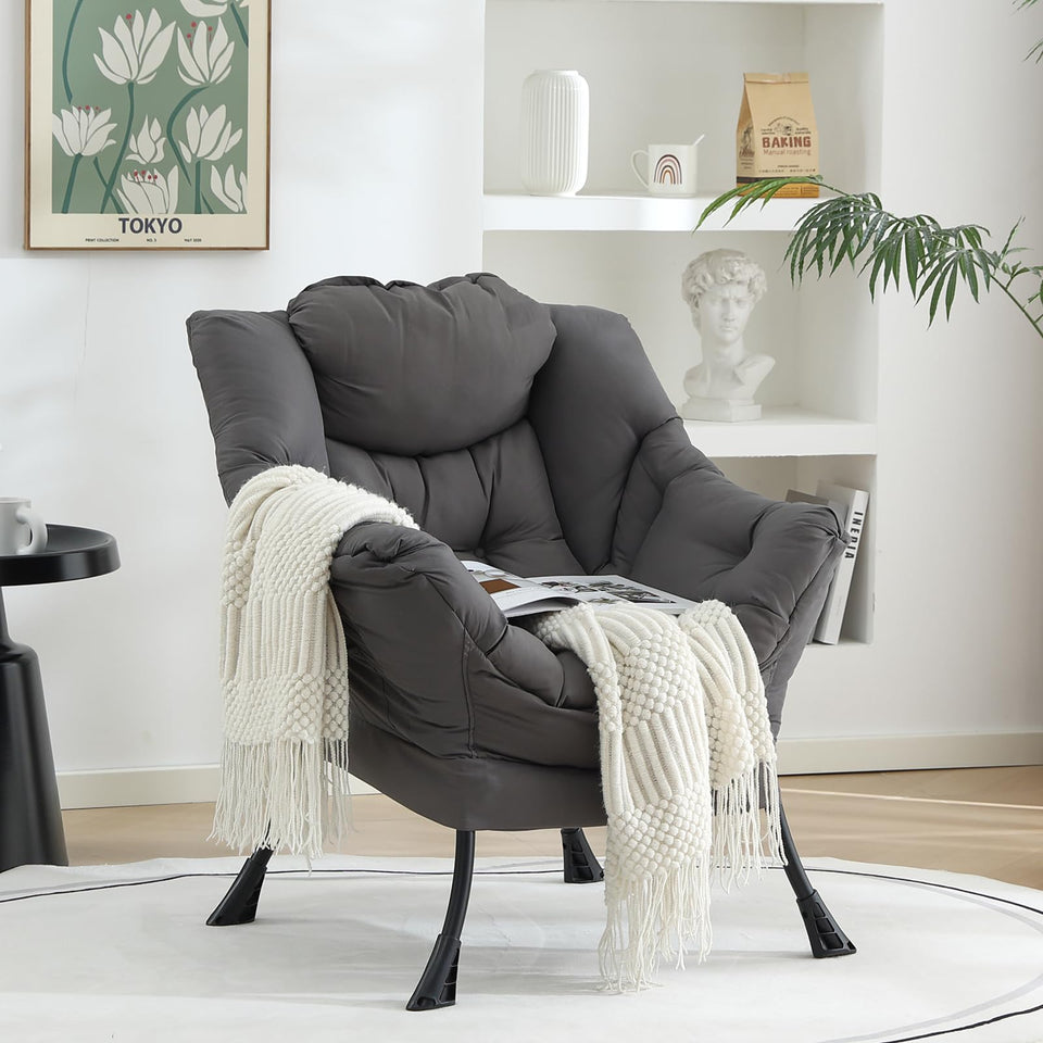 Welnow Lazy Chair with Ottoman, Modern Lounge Accent Chair with Armrests and a Side Pocket, Leisure Sofa Armchair, Reading Armchair with Footrest for Small Space, Dark Grey