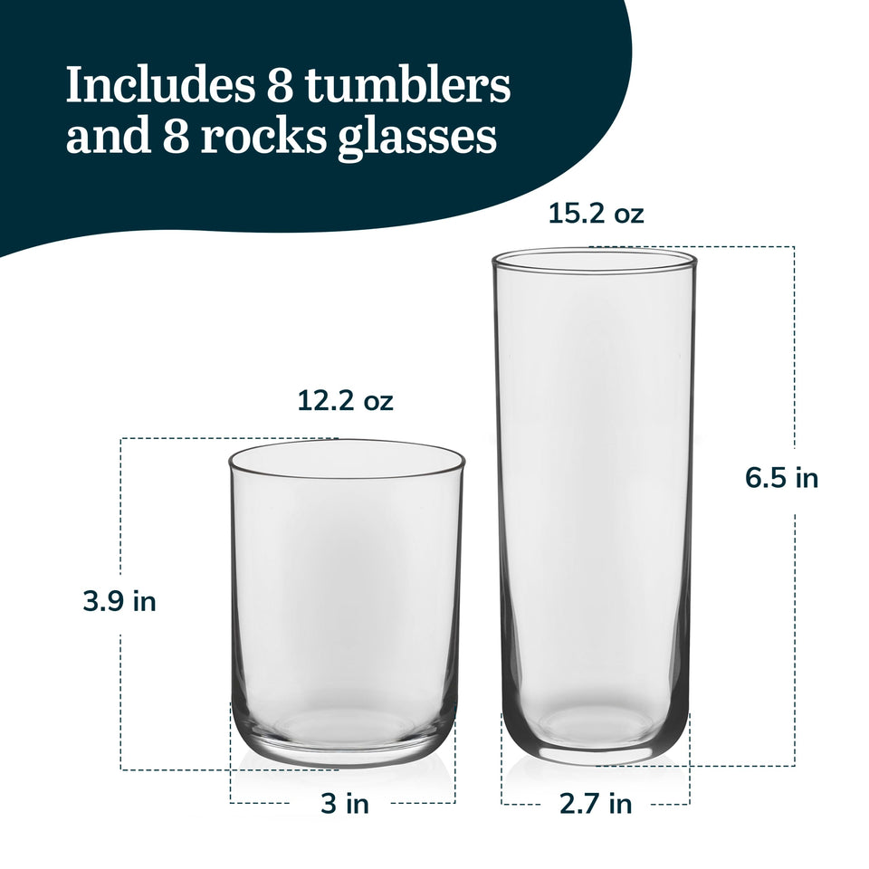 Libbey Ascent Tumbler and Rocks Drinking Glasses Set of 16, Glass Drinking Glasses with Curvature, Versatile Glassware Set for Parties and More