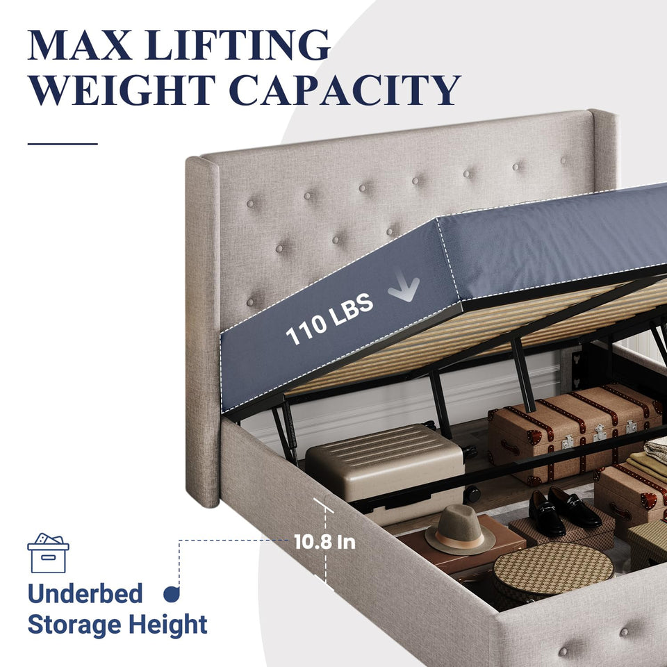Allewie King Size Lift Up Storage Bed, Modern Wingback Headboard, Hydraulic Support, No Box Spring Needed, Light Beige
