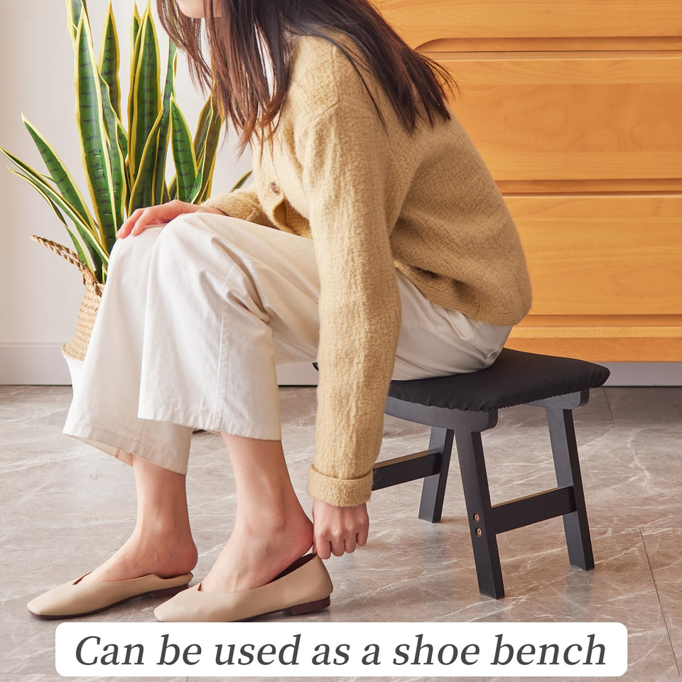 Foot Stool,Ottoman,Bamboo Small Sofa Foot Rest Under Desk,Extra Seating for Living Room, Bedroom and Kitchen(Brown Stool Legs - Beige Surface)