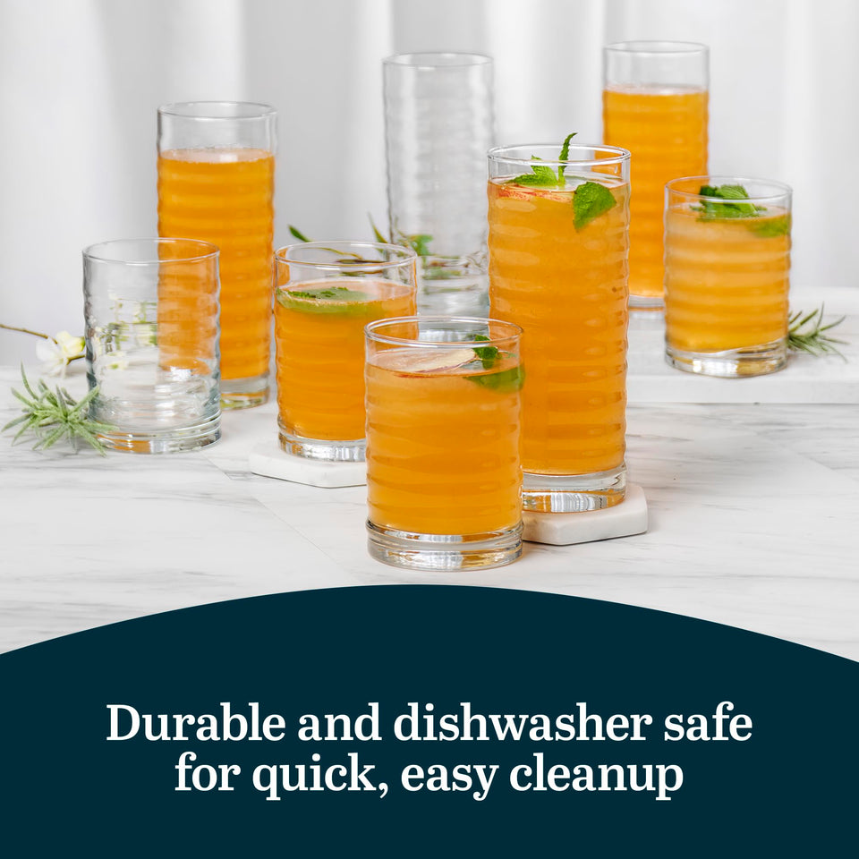 Libbey Ascent Tumbler and Rocks Drinking Glasses Set of 16, Glass Drinking Glasses with Curvature, Versatile Glassware Set for Parties and More