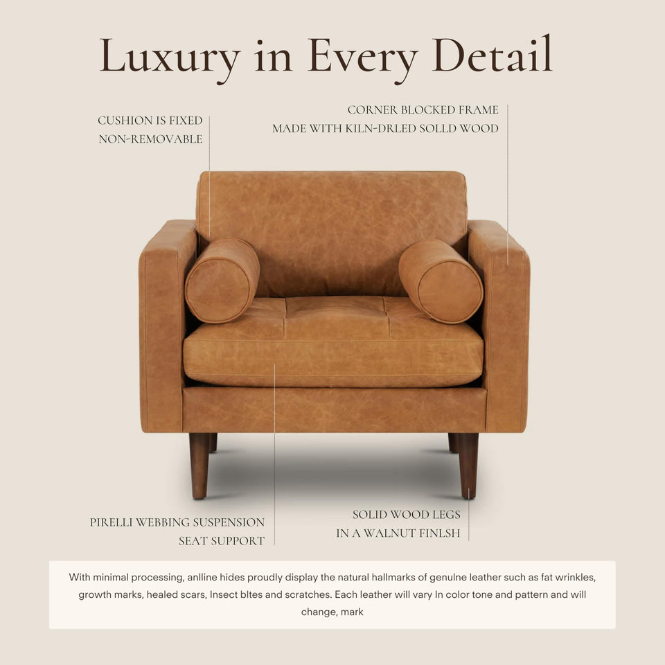 POLY & BARK Napa 72" Apartment Sofa – Italian-Tanned Full-Grain Pure-Aniline or Semi-Aniline Leather, Feather-Down Cushioning, Kiln-Dried Solid Wood Frame, Walnut Legs - Cognac Tan