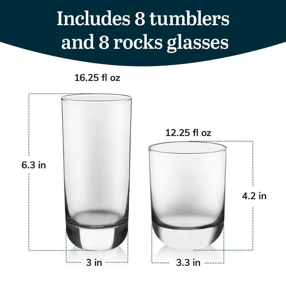 Libbey Ascent Tumbler and Rocks Drinking Glasses Set of 16, Glass Drinking Glasses with Curvature, Versatile Glassware Set for Parties and More