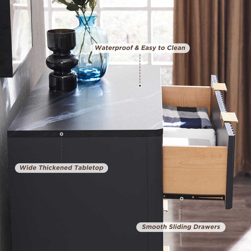 T4TREAM Fluted 7 Drawers Dresser, 54" Wide Modern Chest of Drawers with Faux Marble Top, Curved Profile Design, Dresser TV Stand, Wood Drawer Organizer for Bedroom, Living Room, Hallway, Natural Oak