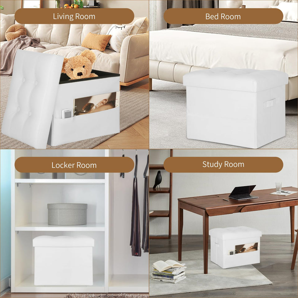 Storage Ottoman Foot Rest Stool, Foldable Leather Footstool Storage Bench with Thicker Foam Padded Seat. Foot Rest Under Desk for Living Room Bedroom 350 lbs, 17x13x13 in, Brown