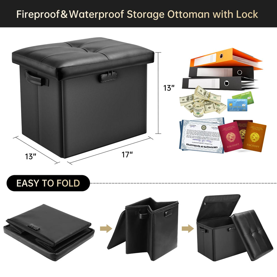 DocSafe Storage Ottoman with Lock,Fireproof Folding Ottoman Foot Rest Stool Storage Chest with Storage Safe for Important Documents,Waterproof 17 Inches Short Ottoman Foot Stool with Handles,Black