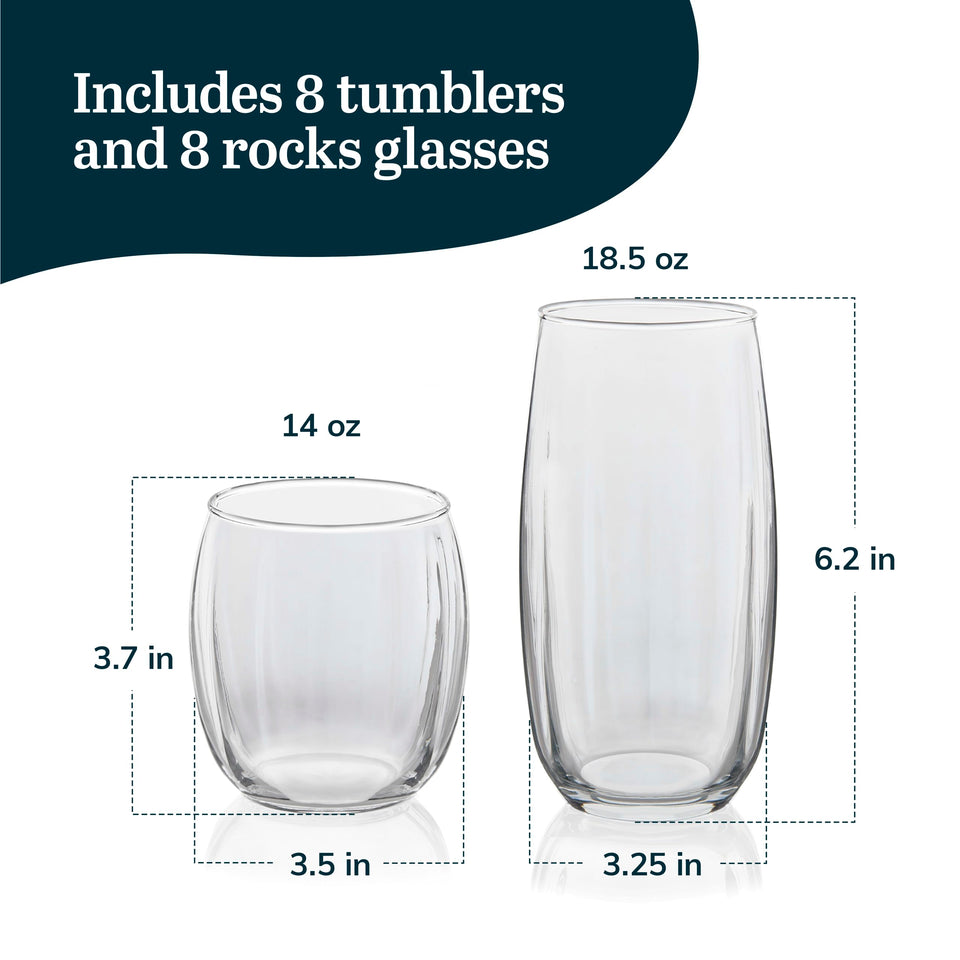 Libbey Ascent Tumbler and Rocks Drinking Glasses Set of 16, Glass Drinking Glasses with Curvature, Versatile Glassware Set for Parties and More