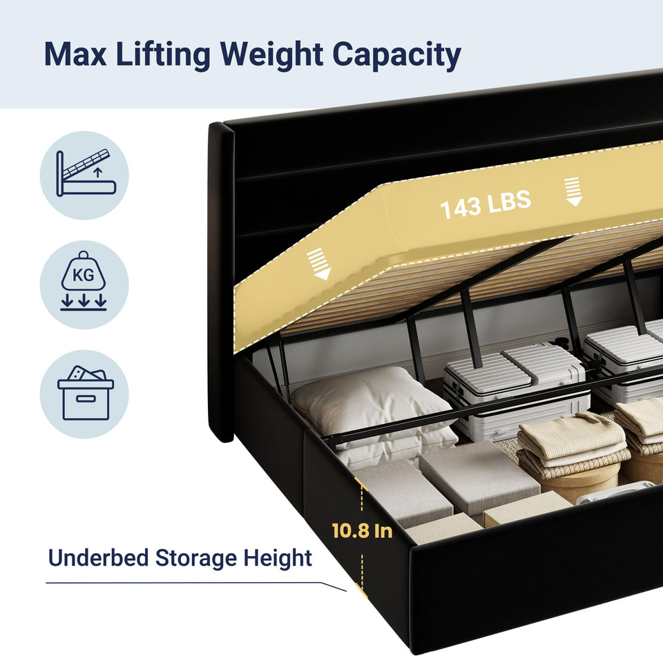 Allewie King Size Lift Up Storage Bed, Modern Wingback Headboard, Hydraulic Support, No Box Spring Needed, Light Beige