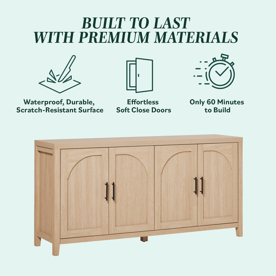 Walker Edison Sasha 4-Door Reeded Sideboard Buffet with Cord Management, 70 Inch, Coastal Oak