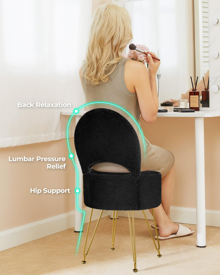 GREENSTELL Small Vanity Stool Chair with Storage and Folding Back, 13" x 13" x 17.7" Faux Fur Soft Ottoman for Teenager, 4 Metal Legs with Anti-Slip Feet, Furry Padded Seat for Makeup, Bedroom, White