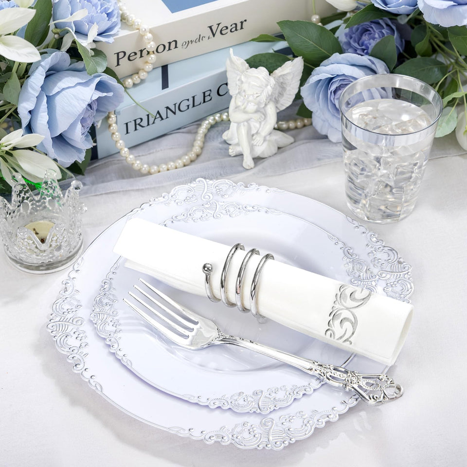 YOUBET 700PCS Silver Plastic Plates - White and Silver Disposable Plates - Silvery Plastic Dinnerware Set - Include 200 Plates, 300 Heavy Duty Silverware, 100 Cups and 100 Napkins for Wedding & Party