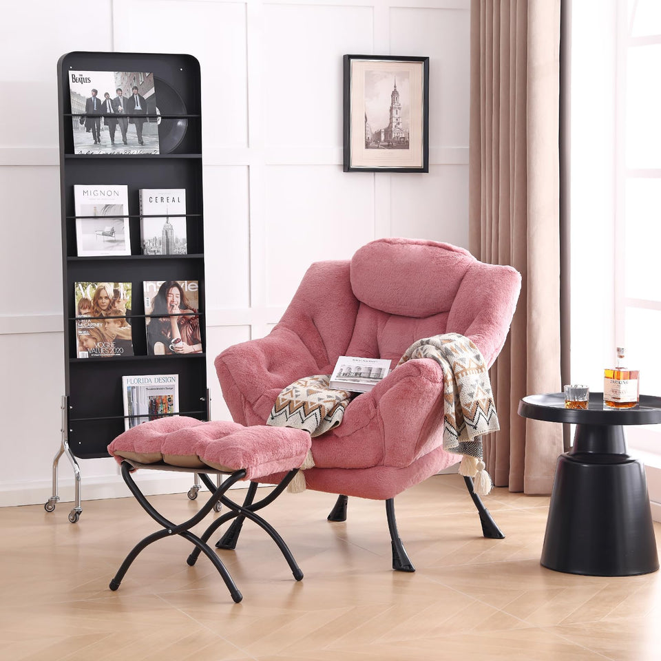 LITA Lazy Chair with Ottoman, Modern Accent Leisure Upholstered Lazy Sofa Armchair, Contemporary Lounge Reading Chair with Armrests and a Side Pocket for Living Room, Bedroom & Small Space, Dark Grey