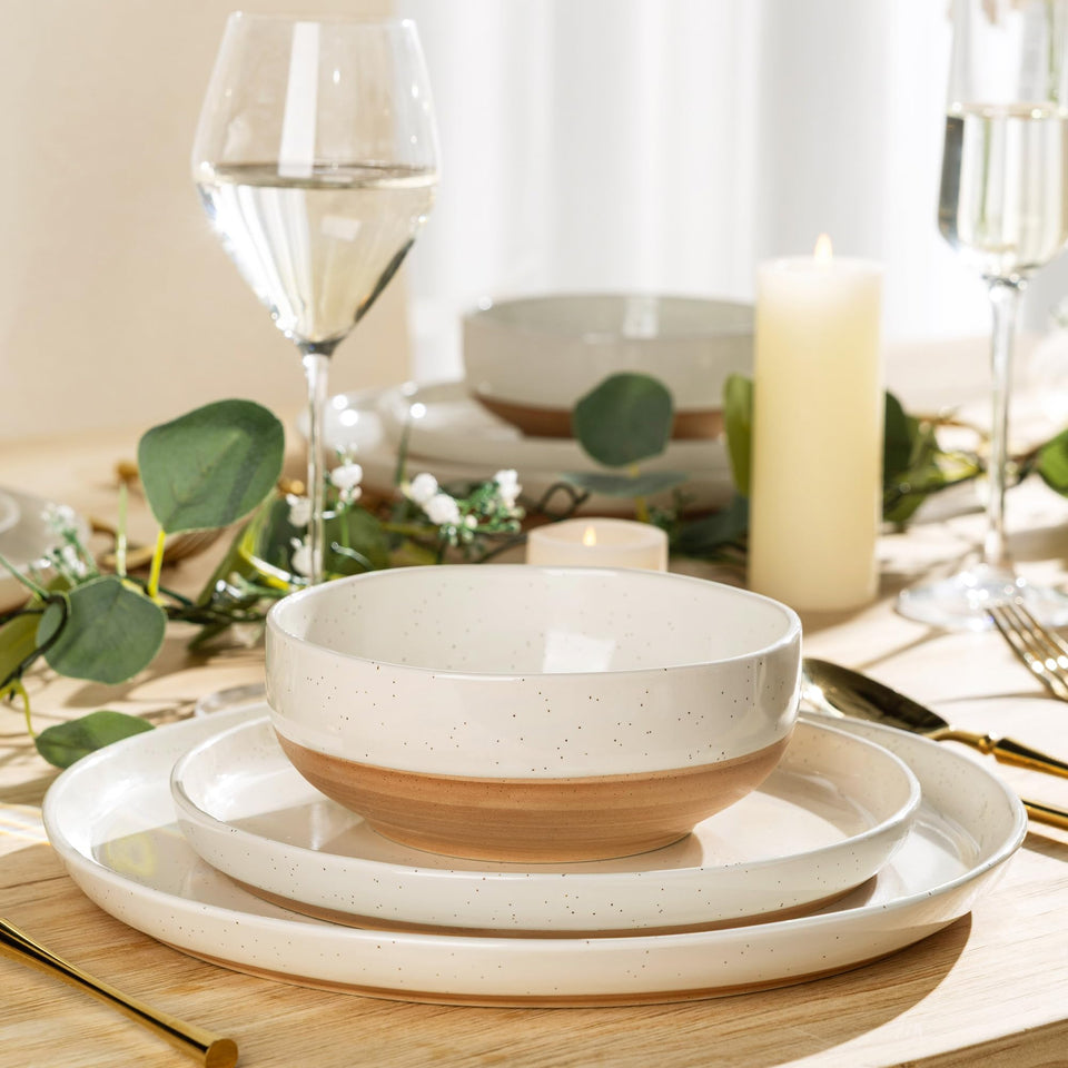 AmorArc Ceramic Dinnerware Sets for 8, 24 Pieces Handpainted Plates and Bowls Set with Rustic Terracotta Underside, Scratch Resistant Stoneware Dishes Set, Dishwasher & Microwave Safe, Light Beige