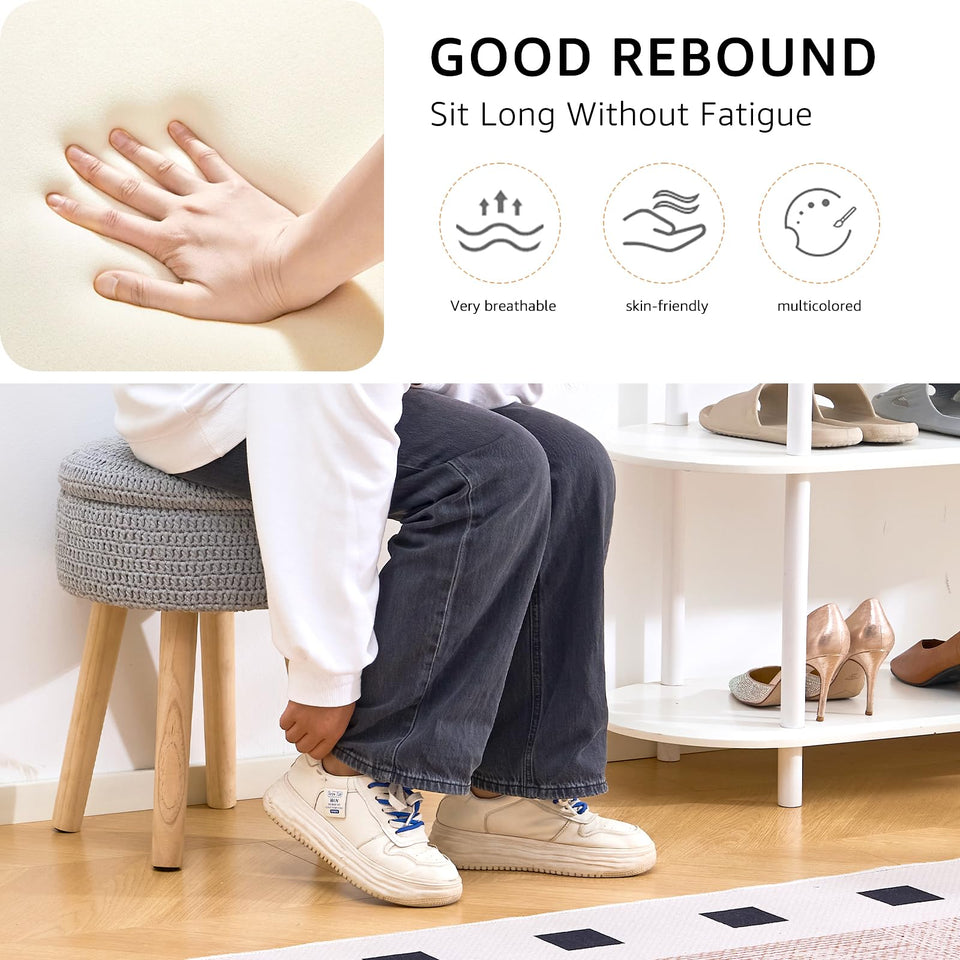 Wimarsbon Pouf Ottoman, 100% Cotton Knitted Boho Footstool, Round Footrest with Non-Skid Wood Legs, Home Décor Handmade Pouffe, Leisure Floor Step Stool for Living Room (Beige)