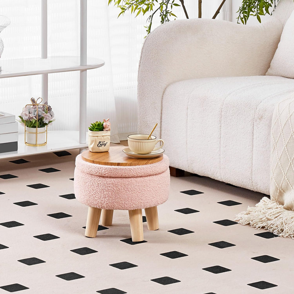 Wimarsbon Storage Ottoman, Modern Round Footrest with Soft Padded Seat, Teddy Velvet Footstool with Wood Legs, Accent Small Table or Plant Stand for Hallway, Living Room (Cream)